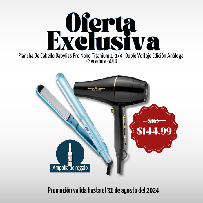 Combo Babyliss Pro: Plancha Nano Titanium 1-1/4” + Secadora Gold Black 2000W